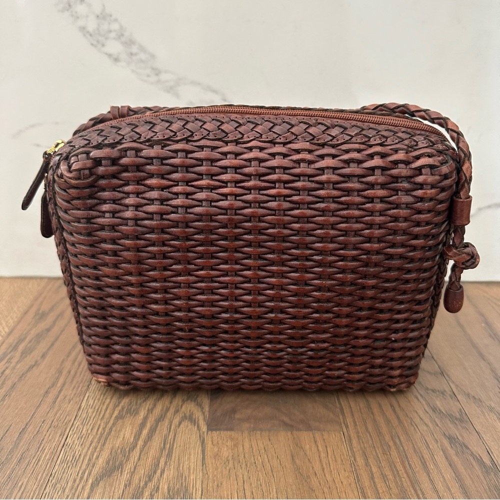 Vintage Woven Leather Small Rectangular Crossbody Handbag Brown 10"x7.5"x2.75 - Picture 1 of 11